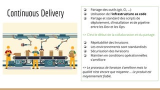 Continuous Delivery
❏ Partage des outils (git, CI, ...)
❏ Utilisation de l’infrastructure as code
❏ Partage et standard des scripts de
déploiement, d’installation et de pipeline
entre les Dev et les Ops
=> C’est le début de la collaboration et du partage
❏ Répétabilité des livraisons
❏ Les environnements sont standardisés
❏ Sécurisation des livraisons
❏ Maintien en conditions opérationnelles
s’améliore
=> Le processus de livraison s’améliore mais la
qualité n’est encore que moyenne … Le produit est
moyennement ﬁable.
 