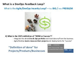 What is the Agile/DevOps Insanity Loop? – The BIG / little PROBLEM 
CEO’s measure Bus. data 
to determine Dev success 
Wha...