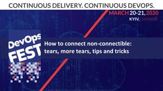Continuous Delivery. Continuous DevOps. KYIV, 2020
CONTINUOUS DELIVERY. CONTINUOUS DEVOPS.
20-21,MARCH 2020
KYIV, UKRAINE
How to connect non-connectible:
tears, more tears, tips and tricks
 