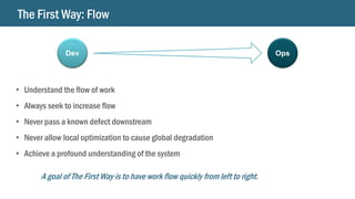 The First Way: Flow
Dev Ops
• Understand the flow of work
• Always seek to increase flow
• Never pass a known defect downstream
• Never allow local optimization to cause global degradation
• Achieve a profound understanding of the system
A goal of The First Way is to have work flow quickly from left to right.
 