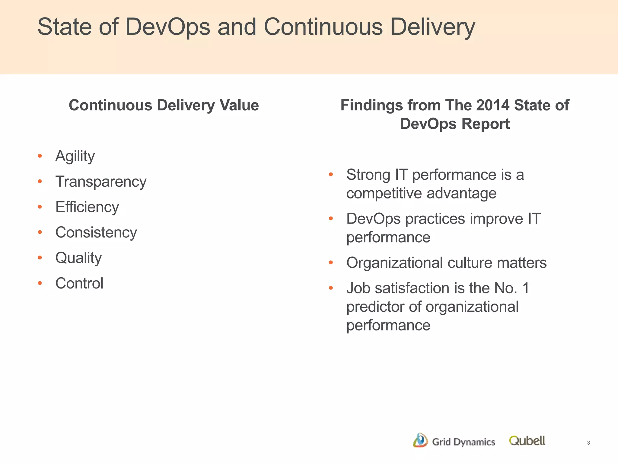 State of DevOps and Continuous Delivery 
Continuous Delivery Value 
• Agility 
• Transparency 
• Efficiency 
• Consistency 
• Quality 
• Control 
Findings from The 2014 State of 
DevOps Report 
• Strong IT performance is a 
competitive advantage 
• DevOps practices improve IT 
performance 
• Organizational culture matters 
• Job satisfaction is the No. 1 
predictor of organizational 
performance 
3 
 