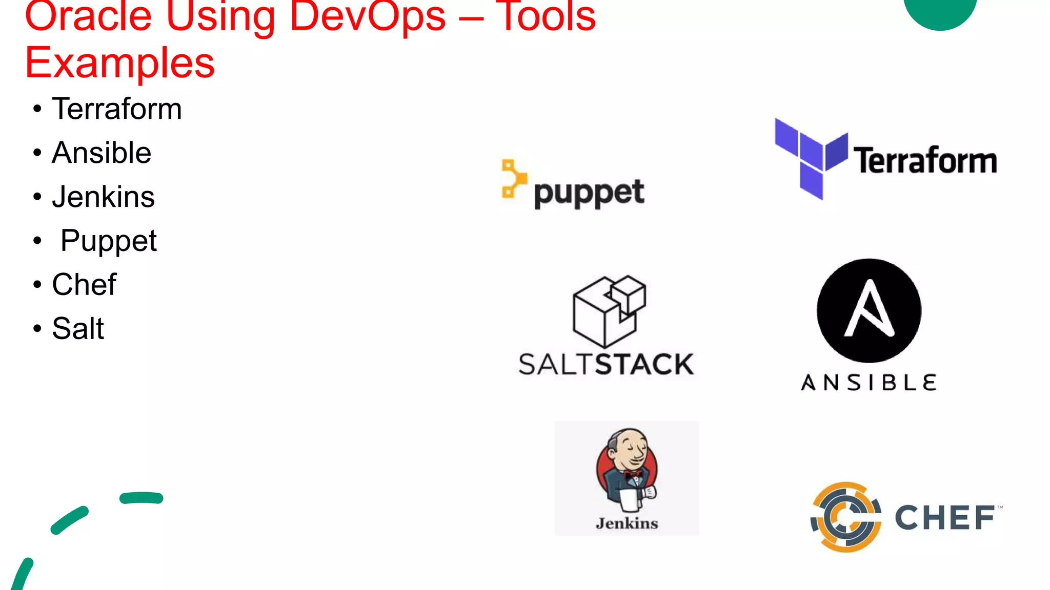 • Terraform
• Ansible
• Jenkins
• Puppet
• Chef
• Salt
Oracle Using DevOps – Tools
Examples
 