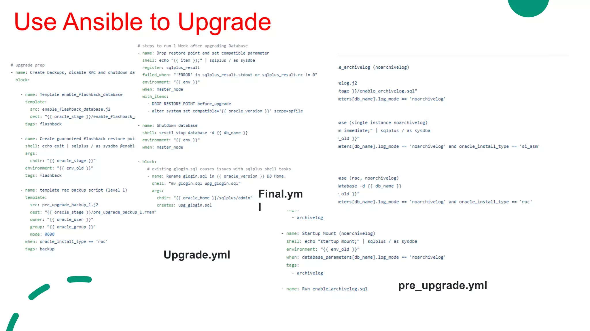 Use Ansible to Upgrade
pre_upgrade.yml
Upgrade.yml
Final.ym
l
 
