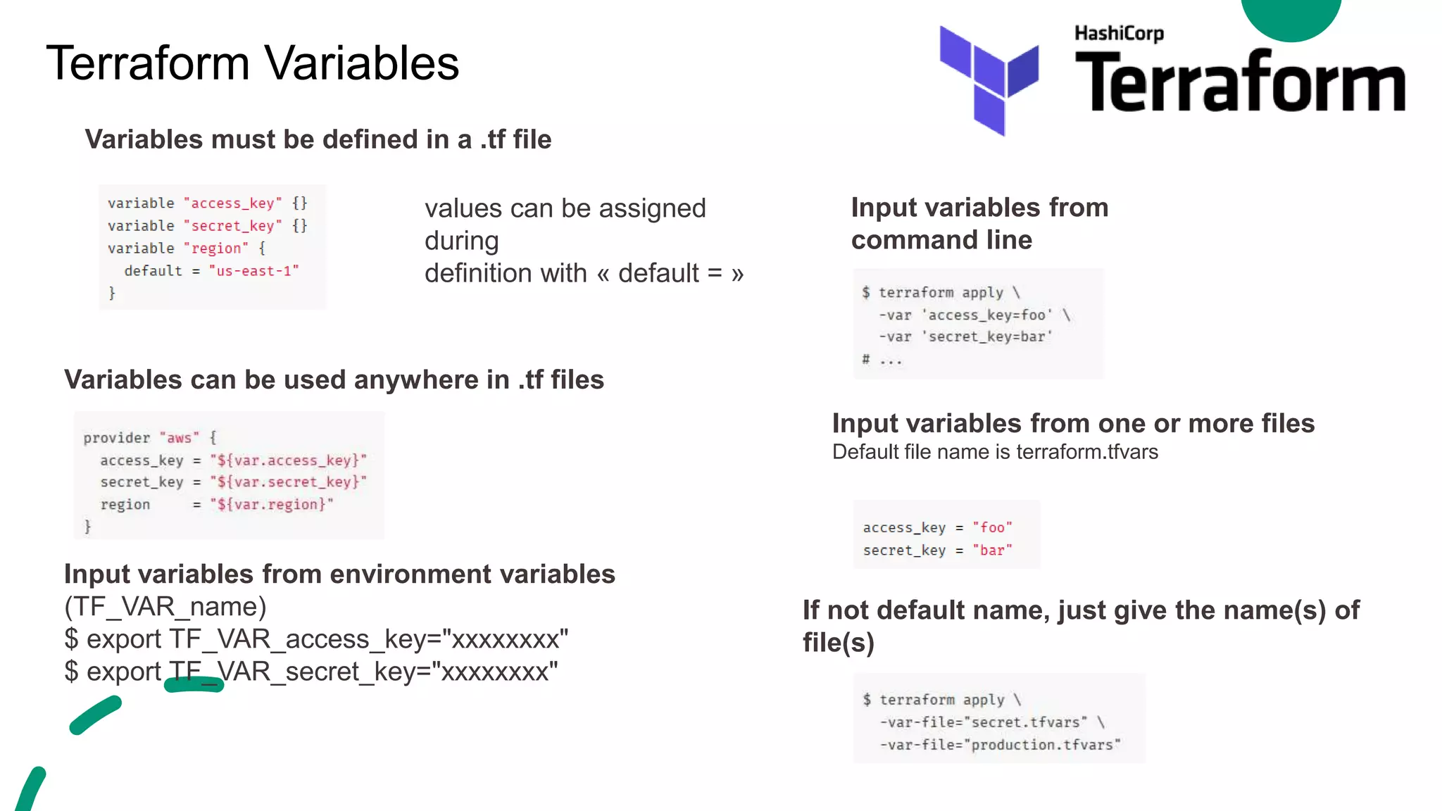 Terraform Variables
Variables must be defined in a .tf file
values can be assigned
during
definition with « default = »
Variables can be used anywhere in .tf files
Input variables from environment variables
(TF_VAR_name)
$ export TF_VAR_access_key="xxxxxxxx"
$ export TF_VAR_secret_key="xxxxxxxx"
Input variables from
command line
Input variables from one or more files
Default file name is terraform.tfvars
If not default name, just give the name(s) of
file(s)
 