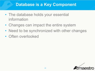 Database is a Key Component
• The database holds your essential
information
• Changes can impact the entire system
• Need to be synchronized with other changes
• Often overlooked

12

 