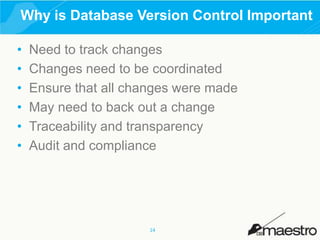 Why is Database Version Control Important
•
•
•
•
•
•

Need to track changes
Changes need to be coordinated
Ensure that all changes were made
May need to back out a change
Traceability and transparency
Audit and compliance

14

 