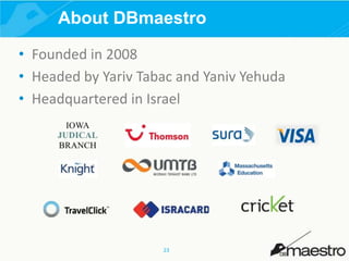 About DBmaestro
• Founded in 2008
• Headed by Yariv Tabac and Yaniv Yehuda
• Headquartered in Israel

23

 