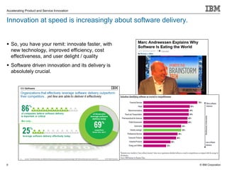 © IBM Corporation
Accelerating Product and Service Innovation
Innovation at speed is increasingly about software delivery.
 So, you have your remit: innovate faster, with
new technology, improved efficiency, cost
effectiveness, and user delight / quality
 Software driven innovation and its delivery is
absolutely crucial.
6
 
