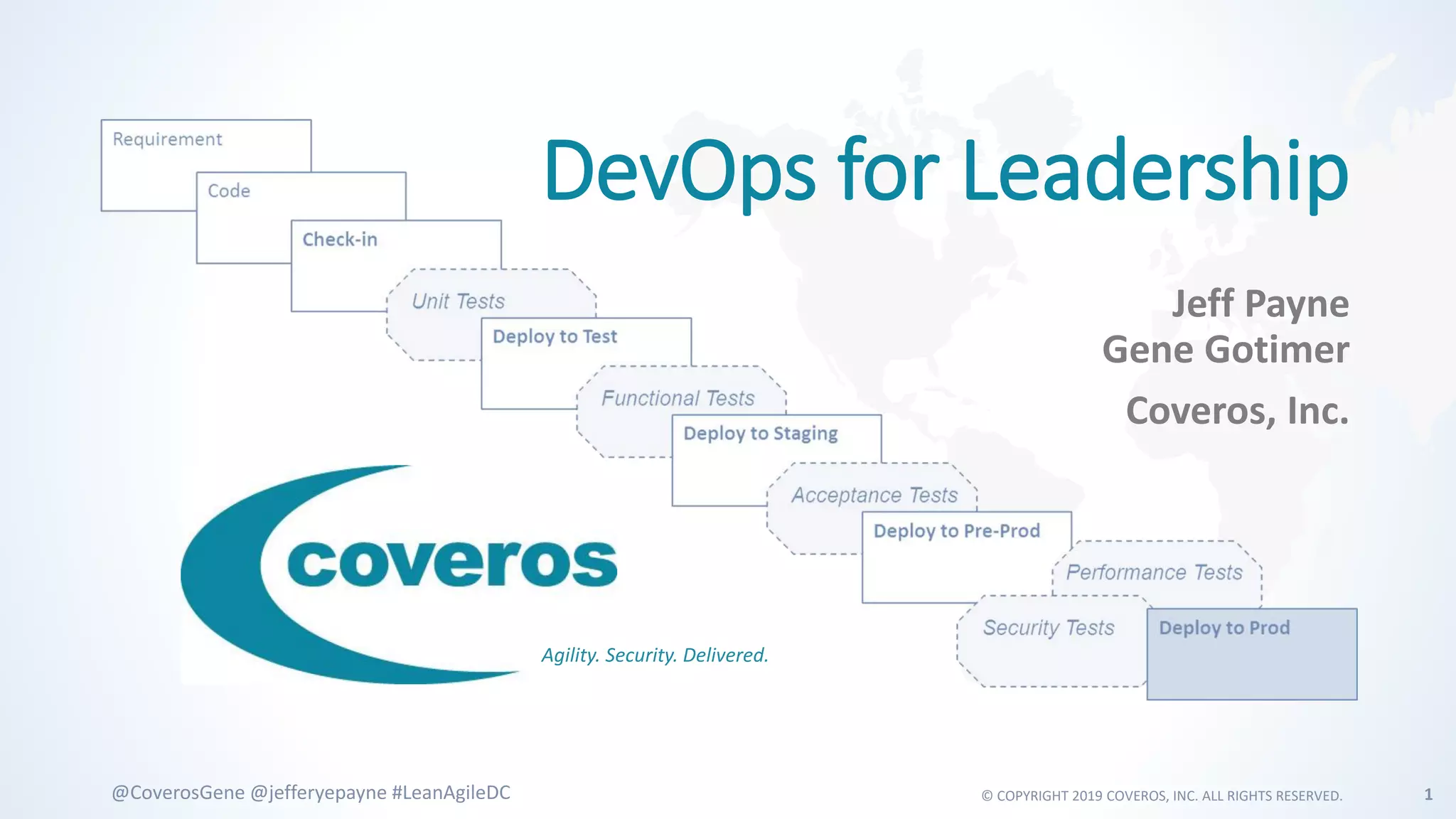 © COPYRIGHT 2019 COVEROS, INC. ALL RIGHTS RESERVED. 1@CoverosGene @jefferyepayne #LeanAgileDC
Agility. Security. Delivered.
DevOps for Leadership
Jeff Payne
Gene Gotimer
Coveros, Inc.
 