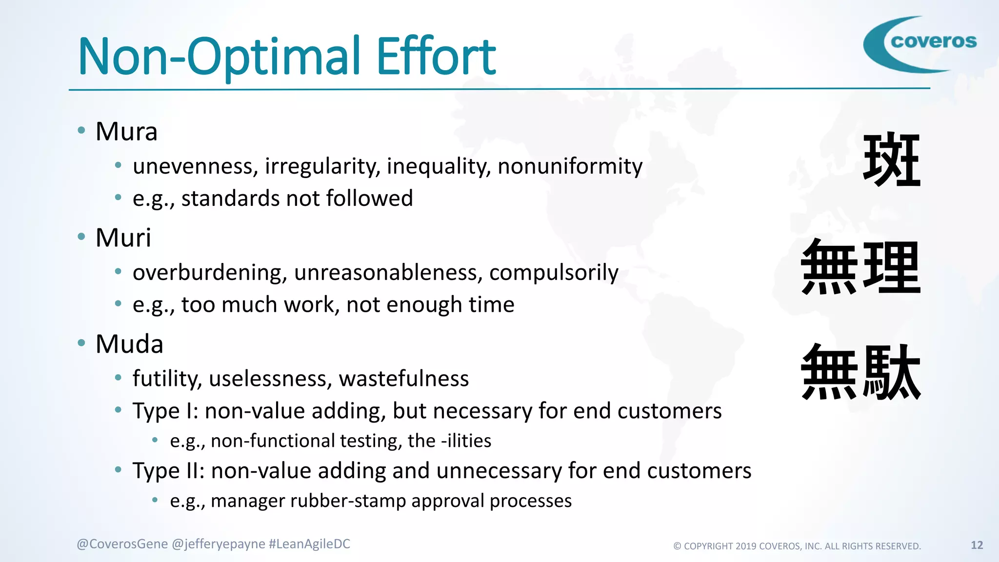 © COPYRIGHT 2019 COVEROS, INC. ALL RIGHTS RESERVED. 12@CoverosGene @jefferyepayne #LeanAgileDC
Non-Optimal Effort
• Mura
• unevenness, irregularity, inequality, nonuniformity
• e.g., standards not followed
• Muri
• overburdening, unreasonableness, compulsorily
• e.g., too much work, not enough time
• Muda
• futility, uselessness, wastefulness
• Type I: non-value adding, but necessary for end customers
• e.g., non-functional testing, the -ilities
• Type II: non-value adding and unnecessary for end customers
• e.g., manager rubber-stamp approval processes
無駄
斑
無理
 