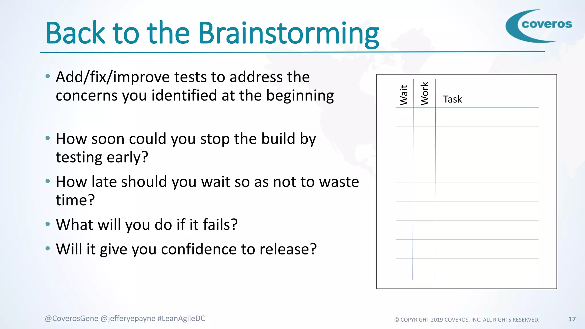 © COPYRIGHT 2019 COVEROS, INC. ALL RIGHTS RESERVED. 17@CoverosGene @jefferyepayne #LeanAgileDC
Back to the Brainstorming
• Add/fix/improve tests to address the
concerns you identified at the beginning
• How soon could you stop the build by
testing early?
• How late should you wait so as not to waste
time?
• What will you do if it fails?
• Will it give you confidence to release?
Task
Wait
Work
 