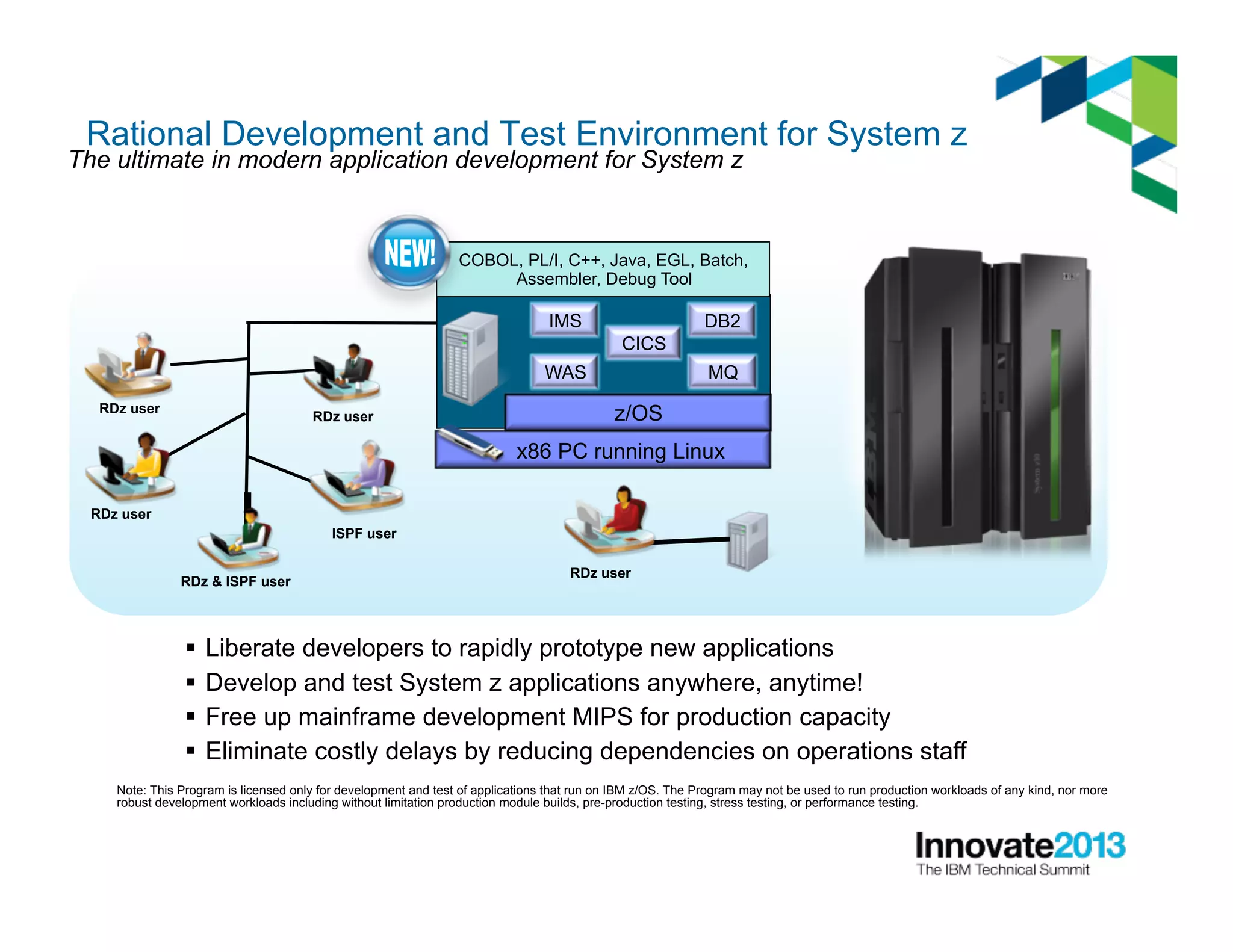 The ultimate in modern application development for System z
§  Liberate developers to rapidly prototype new applications
§  Develop and test System z applications anywhere, anytime!
§  Free up mainframe development MIPS for production capacity
§  Eliminate costly delays by reducing dependencies on operations staff
Note: This Program is licensed only for development and test of applications that run on IBM z/OS. The Program may not be used to run production workloads of any kind, nor more
robust development workloads including without limitation production module builds, pre-production testing, stress testing, or performance testing.
RDz & ISPF user
ISPF user
RDz user
RDz user
RDz user
COBOL, PL/I, C++, Java, EGL, Batch,
Assembler, Debug Tool
x86 PC running Linux
RDz user
IMS
z/OS
WAS
DB2
MQ
CICS
Rational Development and Test Environment for System z
 