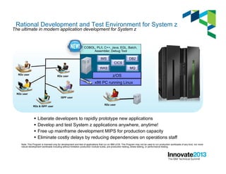 The ultimate in modern application development for System z
§  Liberate developers to rapidly prototype new applications
§  Develop and test System z applications anywhere, anytime!
§  Free up mainframe development MIPS for production capacity
§  Eliminate costly delays by reducing dependencies on operations staff
Note: This Program is licensed only for development and test of applications that run on IBM z/OS. The Program may not be used to run production workloads of any kind, nor more
robust development workloads including without limitation production module builds, pre-production testing, stress testing, or performance testing.
RDz & ISPF user
ISPF user
RDz user
RDz user
RDz user
COBOL, PL/I, C++, Java, EGL, Batch,
Assembler, Debug Tool
x86 PC running Linux
RDz user
IMS
z/OS
WAS
DB2
MQ
CICS
Rational Development and Test Environment for System z
 