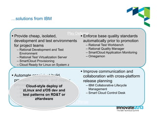 Go on Offense
Play Defense
…solutions from IBM
§ Provide cheap, isolated,
development and test environments
for project teams
– Rational Development and Test
Environment
– Rational Test Virtualization Server
– SmartCloud Provisioning
– Cloud Ready for Linux on System z
§ Automate consistent build,
provision, configure, and deploy
processes across all stages
– Rational Team Concert
– SmartCloud Continuous Delivery
– SmartCloud Orchestrator*
§ Enforce base quality standards
automatically prior to promotion
– Rational Test Workbench
– Rational Quality Manager
– SmartCloud Application Monitoring
– Omegamon
§ Improve communication and
collaboration with cross-platform
release planning
– IBM Collaborative Lifecycle
Management
– Smart Cloud Control Desk
Cloud-style deploy of
zLinux and z/OS dev and
test patterns on RD&T or
zHardware
 