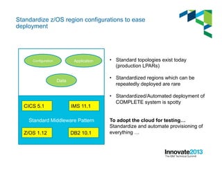 Standardize z/OS region configurations to ease
deployment
•  Standard topologies exist today
(production LPARs)
•  Standardized regions which can be
repeatedly deployed are rare
•  Standardized/Automated deployment of
COMPLETE system is spotty
To adopt the cloud for testing…
Standardize and automate provisioning of
everything …
Standard Middleware Pattern
CICS 5.1 IMS 11.1
DB2 10.1Z/OS 1.12
Configuration
Data
Application
 
