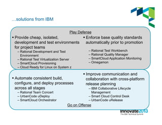 Go on Offense
Play Defense
…solutions from IBM
§ Provide cheap, isolated,
development and test environments
for project teams
– Rational Development and Test
Environment
– Rational Test Virtualization Server
– SmartCloud Provisioning
– Cloud Ready for Linux on System z
§ Automate consistent build,
configure, and deploy processes
across all stages
– Rational Team Concert
– UrbanCode uDeploy
– SmartCloud Orchestrator
§ Enforce base quality standards
automatically prior to promotion
– Rational Test Workbench
– Rational Quality Manager
– SmartCloud Application Monitoring
– Omegamon
§ Improve communication and
collaboration with cross-platform
release planning
– IBM Collaborative Lifecycle
Management
– Smart Cloud Control Desk
– UrbanCode uRelease
 