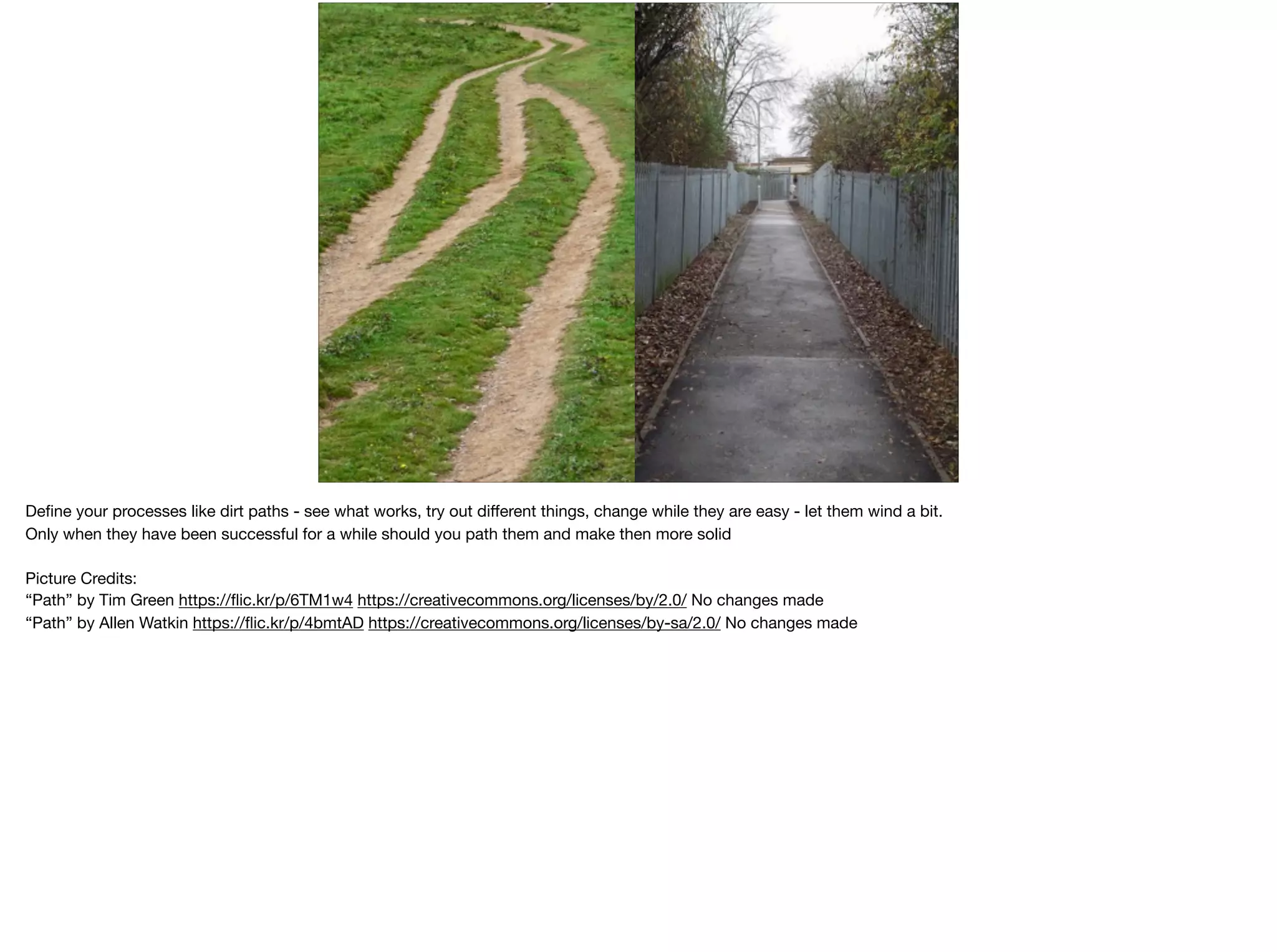 Deﬁne your processes like dirt paths - see what works, try out diﬀerent things, change while they are easy - let them wind a bit.

Only when they have been successful for a while should you path them and make then more solid

Picture Credits: 

“Path” by Tim Green https://ﬂic.kr/p/6TM1w4 https://creativecommons.org/licenses/by/2.0/ No changes made

“Path” by Allen Watkin https://ﬂic.kr/p/4bmtAD https://creativecommons.org/licenses/by-sa/2.0/ No changes made

 