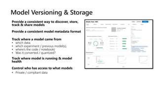 • which data,
• which experiment / previous model(s),
• where’s the code / notebook)
• Was it converted / quantized?
• Private / compliant data
 