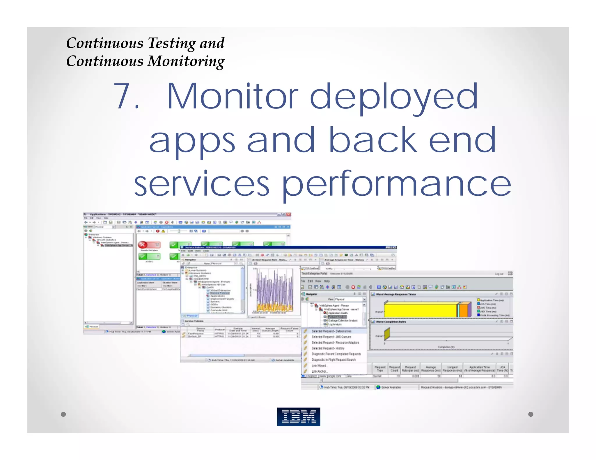Continuous Testing and 
Continuous Monitoring

      7. Monitor deployed
        apps and back end
       services performance
 