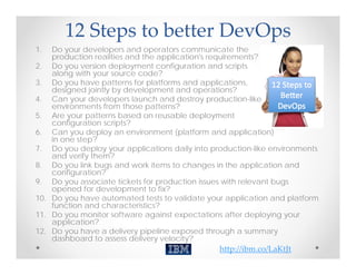 12 Steps to better DevOps
1.  Do your developers and operators communicate the
    production realities and the application's requirements?
2. Do you version deployment configuration and scripts
    along with your source code?
3. Do you have patterns for platforms and applications,
    designed jointly by development and operations?
4. Can your developers launch and destroy production-like
    environments from those patterns?
5. Are your patterns based on reusable deployment
    configuration scripts?
6. Can you deploy an environment (platform and application)
    in one step?
7. Do you deploy your applications daily into production-like environments
    and verify them?
8. Do you link bugs and work items to changes in the application and
    configuration?
9. Do you associate tickets for production issues with relevant bugs
    opened for development to fix?
10. Do you have automated tests to validate your application and platform
    function and characteristics?
11. Do you monitor software against expectations after deploying your
    application?
12. Do you have a delivery pipeline exposed through a summary
    dashboard to assess delivery velocity?
                                                http://ibm.co/LaKtJt
 
