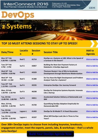 Date/Time
Locatio
n
Session
#
Session Title
Add to
Agenda
Mon 22rd
Feb
4.30 PM – 5.30 PM
Reef C #1714
DevOps on z Systems at UBS: What is the Speed of
a Caravan in the Desert?
Click to Add Ses
Tues 23rd
Feb
4 PM – 5 PM
Surf A #2857
Building the Next-Gen Payment Factory at
Rabobank: A DevOps Approach
Click to Add Ses
Wed 24th
Feb
3:45PM– 4:30 PM
Reef C #3329
Thomson Reuters' Use of RDz to Accelerate
Development through Mainframe Modernization
Click to Add Ses
Wed 24th
Feb
10 AM – 11 AM
Reef C #1380
Do You Have the Right Development and Problem
Analysis Tools for z Systems?
Click to Add Ses
Tues 23rd
Feb
1.15 PM – 2.15 PM
Surf A #2235 Enterprise DevOps: Our Journey Forward Click to Add Ses
Mon, 22-Feb
1:30 PM - 2:30 PM
Surf A #6298
DevOps for Enterprise Systems Keynote: Innovate
Like a Startup
Click to Add Ses
Tue, 23-Feb
12:00 PM - 1:00 PM
Surf A #4011
Accelerated Solution Delivery at Nationwide and
IBM
Click to Add Ses
Mon, 22-Feb,
4:30 PM - 5:30 PM
Surf A #1720
Quantifying DevOps Adoption Empirically for
Demonstrable ROI
Click to Add Ses
Tue, 23-Feb
1:15 PM - 2:15 PM
Lagoon L #1493 DevOps for Bi-Modal IT: A Panel Discussion Click to Add Ses
Tue, 23-Feb
2:30 PM - 3:20 PM
Lagoon L #5337
What Will DevOps Look Like in Three to Five
Years?
Click to Add Ses
Over 300+ DevOps topics to choose from including keynotes, breakouts,
engagement center, meet the experts, panels, labs, & workshops – that’s a whole
lotta DevOps!
Build Your DevOps Agenda Now
TOP 10 MUST ATTEND SESSIONS TO STAY UP TO SPEED!
z Systems
 