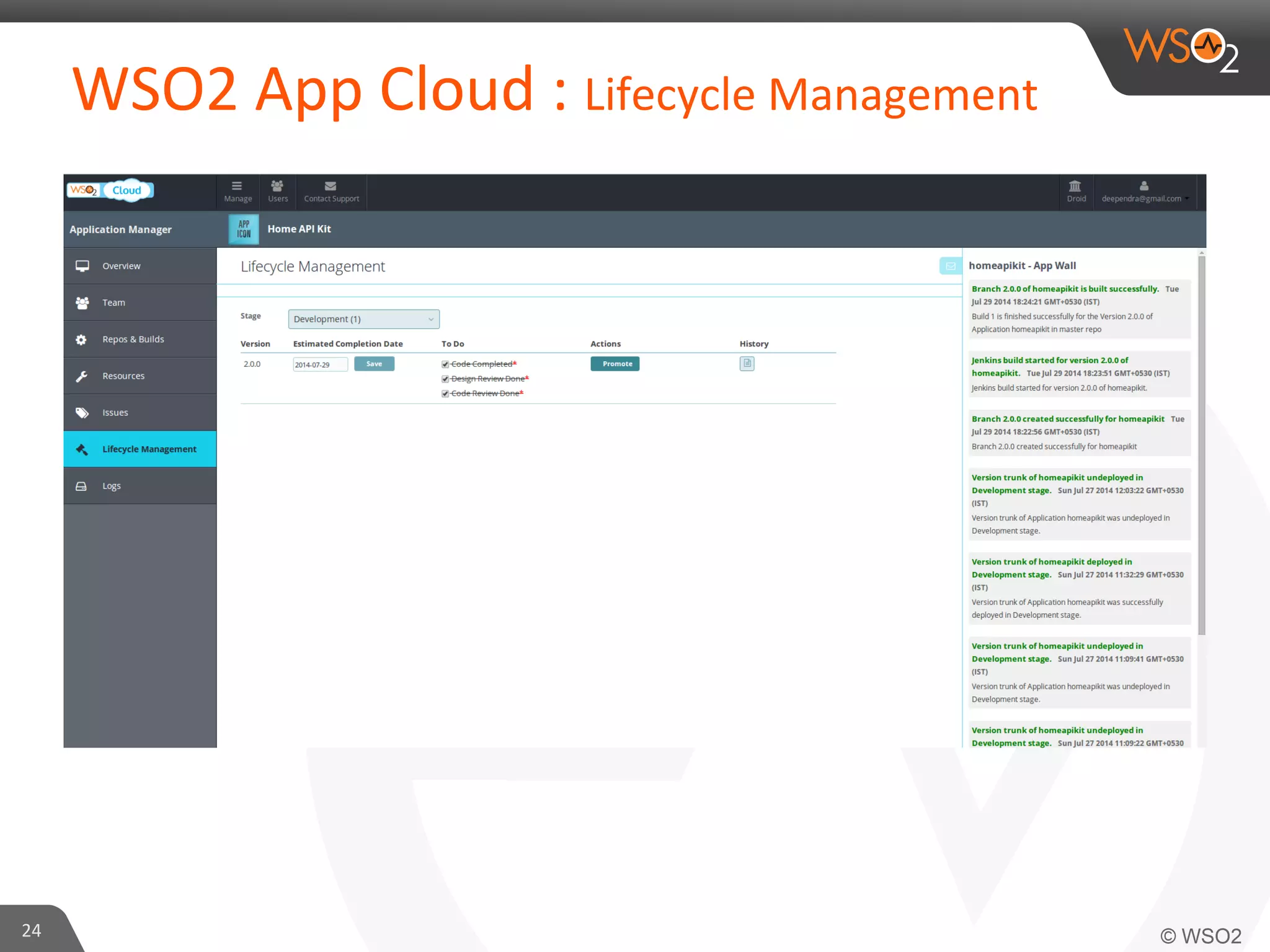 24	
  
WSO2	
  App	
  Cloud	
  :	
  Lifecycle	
  Management	
  	
  
 