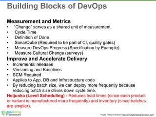 © Agile Testing Framework. http://www.AgileTestingFramework.com/
Measurement and Metrics
• “Change” serves as a shared unit of measurement.
• Cycle Time
• Definition of Done
• SonarQube (Required to be part of CI, quality gates)
• Measure DevOps Progress (Specification by Example)
• Measure Cultural Change (surveys)
Improve and Accelerate Delivery
• Incremental releases
• Versioning and Baselines
• SCM Required
• Applies to App, DB and Infrastructure code
• By reducing batch size, we can deploy more frequently because
reducing batch size drives down cycle time.
Heijunka (Level Scheduling) - Reduces lead times (since each product
or variant is manufactured more frequently) and inventory (since batches
are smaller).
Building Blocks of DevOps
 