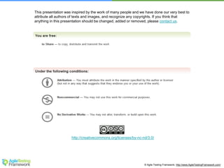 © Agile Testing Framework. http://www.AgileTestingFramework.com/
This presentation was inspired by the work of many people and we have done our very best to
attribute all authors of texts and images, and recognize any copyrights. If you think that
anything in this presentation should be changed, added or removed, please contact us.
http://creativecommons.org/licenses/by-nc-nd/3.0/
 