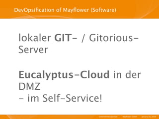 DevOpsiﬁcation of Mayﬂower (Software)




 lokaler GIT- / Gitorious-
 Server

 Eucalyptus-Cloud in der
 DMZ
 - im Self-Service!
                              Unternehmensportrait   I   Mayﬂower GmbH   I   January 29, 2010   I
 