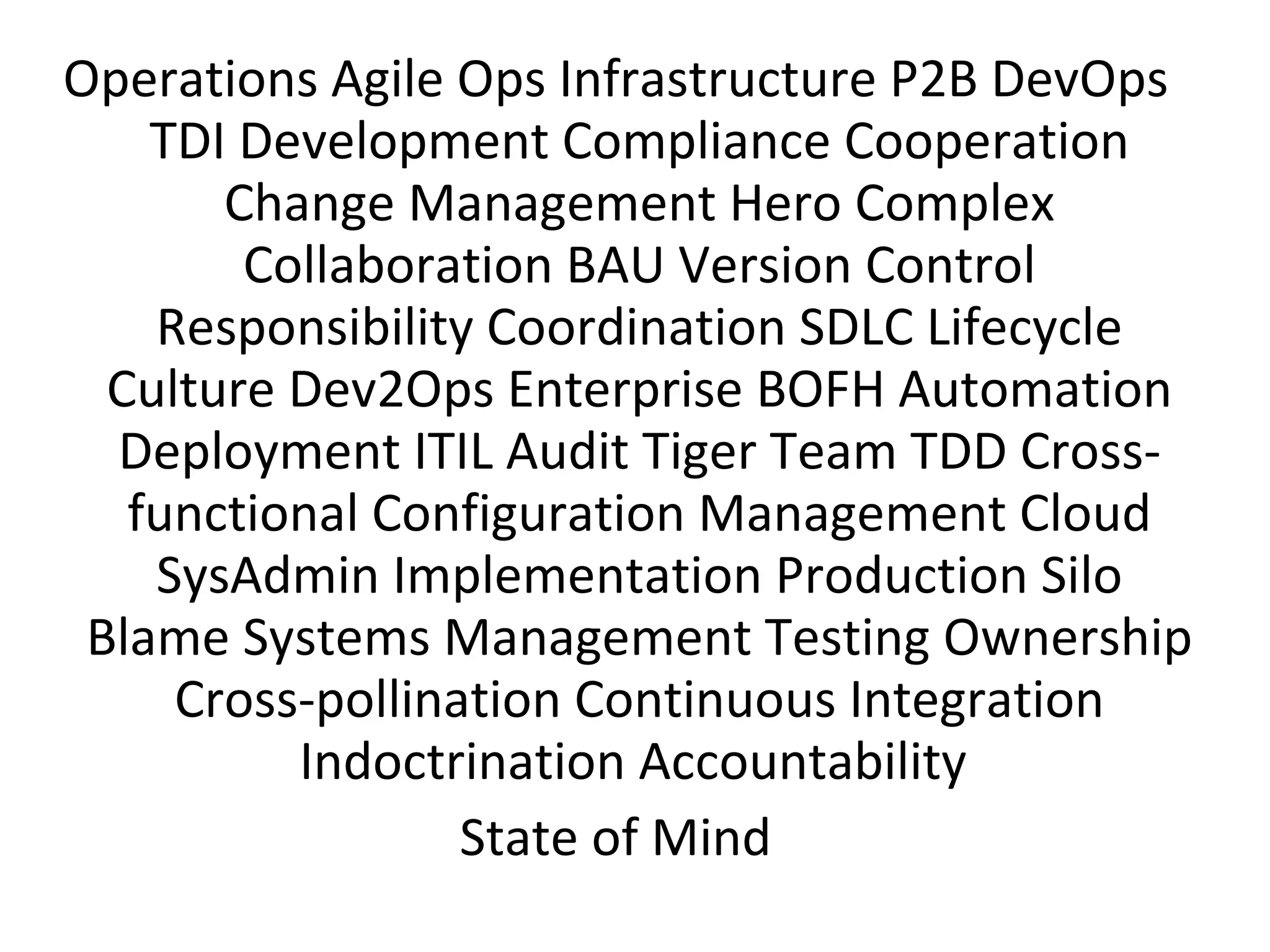 Operations Agile Ops Infrastructure P2B DevOps TDI Development Compliance Cooperation Change Management Hero Complex Collaboration BAU Version Control Responsibility Coordination SDLC Lifecycle Culture Dev2Ops Enterprise BOFH Automation Deployment ITIL Audit Tiger Team TDD Cross-functional Configuration Management Cloud SysAdmin Implementation Production Silo Blame Systems Management Testing Ownership Cross-pollination Continuous Integration Indoctrination Accountability State of Mind