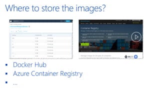Where to store the images?
▪ Docker Hub
▪ Azure Container Registry
▪ …
 