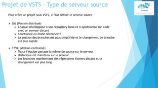 Projet de VSTS – Type de serveur source
Pour créer un projet sous VSTS, il faut définir le serveur source
 Git (Version distribué)
 Chaque développeur a son repository local et il synchronise son code
avec un serveur distant
 Fonctionne en mode déconnecté
 La gestion des branches est plus simplifiée et le changement de branche
est plus rapide
 TFVC (Version centralisé)
 Toute l’équipe partage la même de source sur le serveur
 Historique est maintenu sur le serveur
 Les branches représentent des répertoires fichiers distant et le
changement est plus long
 