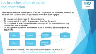 Les branches binaires ou de
documentation
Beaucoup de personne, disent que Git n’est pas fait pour stocker du binaire, mais moi je
dis qu’on peut travailler avec Git pour la documentation et on y gagne
• Git nous garantit l’archivage des documentations
• Git nous permet de travailler à plusieurs sur le même document
• Git nous assure le suivi des modifications en temps des documents et le merging
comme avec tout fichier text
• Git nous permet également de mettre en place le processus de révision pour les
documents
Word Pandoc Markdow
.md
Git
Markdow
.md
PandocWord
Depuis le site Internet, vous pouvez récupérer les Howto Rubrique VSTS
http://michelbruchet.azurewebsites.net
 