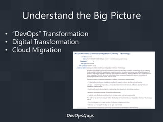Understand the Big Picture
• “DevOps” Transformation
• Digital Transformation
• Cloud Migration

DevOpsGuys

 