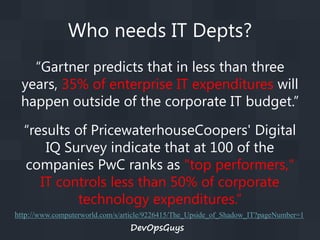 Who needs IT Depts?
“Gartner predicts that in less than three
years, 35% of enterprise IT expenditures will
happen outside of the corporate IT budget.”
“results of PricewaterhouseCoopers' Digital
IQ Survey indicate that at 100 of the
companies PwC ranks as "top performers,"
IT controls less than 50% of corporate
technology expenditures.”
http://www.computerworld.com/s/article/9226415/The_Upside_of_Shadow_IT?pageNumber=1

DevOpsGuys

 