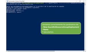 Llenamos correctamente los parámetros de:
- New-AzureRmResourceGroupDeployment
- Name
Y ejecutamos.
 