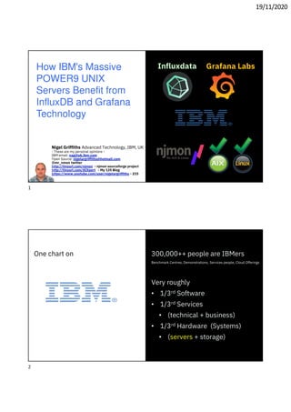 19/11/2020
How IBM's Massive
POWER9 UNIX
Servers Benefit from
InfluxDB and Grafana
Technology
Nigel Griffiths Advanced Technology, IBM, UK
- These are my personal opinions -
IBM email: nag@uk.ibm.com
Open Source: nigelargriffiths@hotmail.com
@mr_nmon twitter
http://tinyurl.com/njmon - njmon sourceforge project
http://tinyurl.com/AIXpert - My 135 Blog
https://www.youtube.com/user/nigelargriffiths - 215
Grafana LabsInfluxdata
300,000++ people are IBMers
Benchmark Centres, Demonstrations, Services people, Cloud Offerings
Very roughly
• 1/3rd Software
• 1/3rd Services
• (technical + business)
• 1/3rd Hardware (Systems)
• (servers + storage)
One chart on
1
2
 
