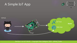 DevOps in an IoT World – Copyright Pete Gallagher 2020 – @Pete_Codes
A Simple IoT App
IoT Hub
Web App
GitHub
Azure
“Thing”
 