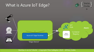 DevOps in an IoT World – Copyright Pete Gallagher 2020 – @Pete_Codes
What is Azure IoT Edge?
IoT
Hub Azure
Container
Registry
“Thing”
“Edge Device”
TelemetryML / AI
Azure
Function
Azure IoT Edge Runtime
 