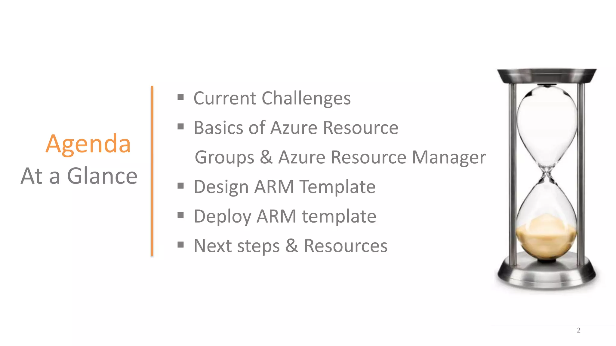  Current Challenges
 Basics of Azure Resource
Groups & Azure Resource Manager
 Design ARM Template
 Deploy ARM template
 Next steps & Resources
Agenda
At a Glance
2
 