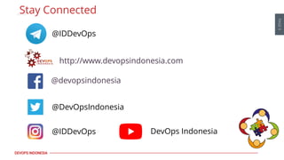 PAGE
9
DEVOPS INDONESIA
Stay Connected
@devopsindonesia
http://www.devopsindonesia.com
@IDDevOps
@DevOpsIndonesia
@IDDevOps DevOps Indonesia
 