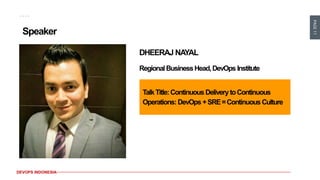 PAGE11
DEVOPS INDONESIA
Speaker
DHEERAJ NAYAL
RegionalBusinessHead,DevOps Institute
TalkTitle:Continuous Delivery toContinuous
Operations:DevOps+SRE=ContinuousCulture
 