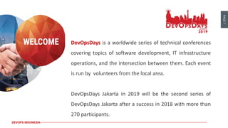PAGE7
DEVOPS INDONESIA
DevOpsDays is a worldwide series of technical conferences
covering topics of software development, IT infrastructure
operations, and the intersection between them. Each event
is run by volunteers from the local area.
DevOpsDays Jakarta in 2019 will be the second series of
DevOpsDays Jakarta after a success in 2018 with more than
270 participants.
 