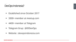 PAGE
5
DEVOPS INDONESIA
DevOpsIndonesia?
▪ Established since October 2017
▪ 3300+ member at meetup.com
▪ 4400+ member at Telegram
▪ Telegram Grup : @IDDevOps
▪ Website : devopsindonesia.com
 