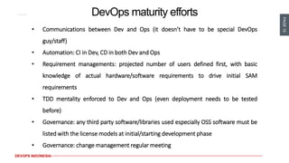 PAGE15
DEVOPS INDONESIA
DevOps maturity efforts
• Communications between Dev and Ops (it doesn’t have to be special DevOps
guy/staff)
• Automation: CI in Dev, CD in both Dev and Ops
• Requirement managements: projected number of users defined first, with basic
knowledge of actual hardware/software requirements to drive initial SAM
requirements
• TDD mentality enforced to Dev and Ops (even deployment needs to be tested
before)
• Governance: any third party software/libraries used especially OSS software must be
listed with the license models at initial/starting development phase
• Governance: change management regular meeting
 