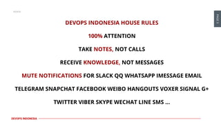PAGE3
DEVOPS INDONESIA
DEVOPS INDONESIA HOUSE RULES
100% ATTENTION
TAKE NOTES, NOT CALLS
RECEIVE KNOWLEDGE, NOT MESSAGES
M...