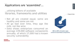 PAGE18
DEVOPS
INDONESIA
Applications are ‘assembled’...Applications are ‘assembled’...
...utilizing billions of available
libraries, frameworks and utilities
● Not all are created equal, some are
healthy and some are not
● All go bad over time, they age like
milk, not like wine
● Data shows enterprises consumed an
average 229,000 software components
annually, of which 17,000 had a known
security vulnerability
 