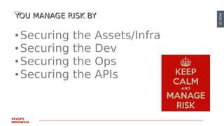PAGE20
DEVOPS
INDONESIA
YOU MANAGE RISK BYYOU MANAGE RISK BY
● Securing the Assets/Infra
● Securing the Dev
● Securing the Ops
● Securing the APIs
 