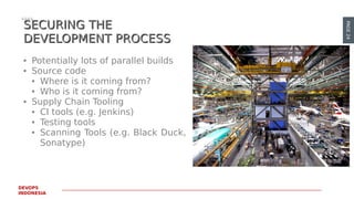 PAGE24
DEVOPS
INDONESIA
SECURING THESECURING THE
DEVELOPMENT PROCESSDEVELOPMENT PROCESS
● Potentially lots of parallel builds
● Source code
● Where is it coming from?
● Who is it coming from?
● Supply Chain Tooling
● CI tools (e.g. Jenkins)
● Testing tools
● Scanning Tools (e.g. Black Duck,
Sonatype)
 