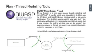 PAGE42
DEVOPS
INDONESIA
Plan - Thread Modeling ToolsPlan - Thread Modeling Tools
OWASP Threat Dragon Project
Threat Dragon is a free, open-source threat modeling tool
from OWASP. It can be used as a standalone desktop app
for Windows and MacOS (Linux coming soon) or as a web
application. The desktop app is great if you want to try the
application without giving it access to your GitHub repos, but
if you choose the online version you get to unleash the
awesome power of GitHub on your threat models! Obviously,
to do this you need to log in first..
https://github.com/appsecco/owasp-threat-dragon-gitlab
 